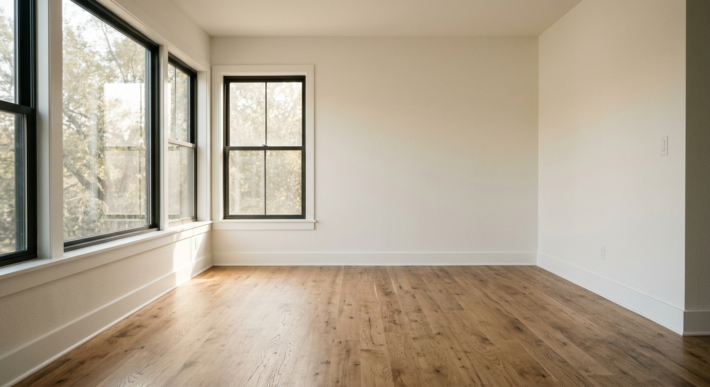 A calm, empty newly renovated room with warm natural daylight.