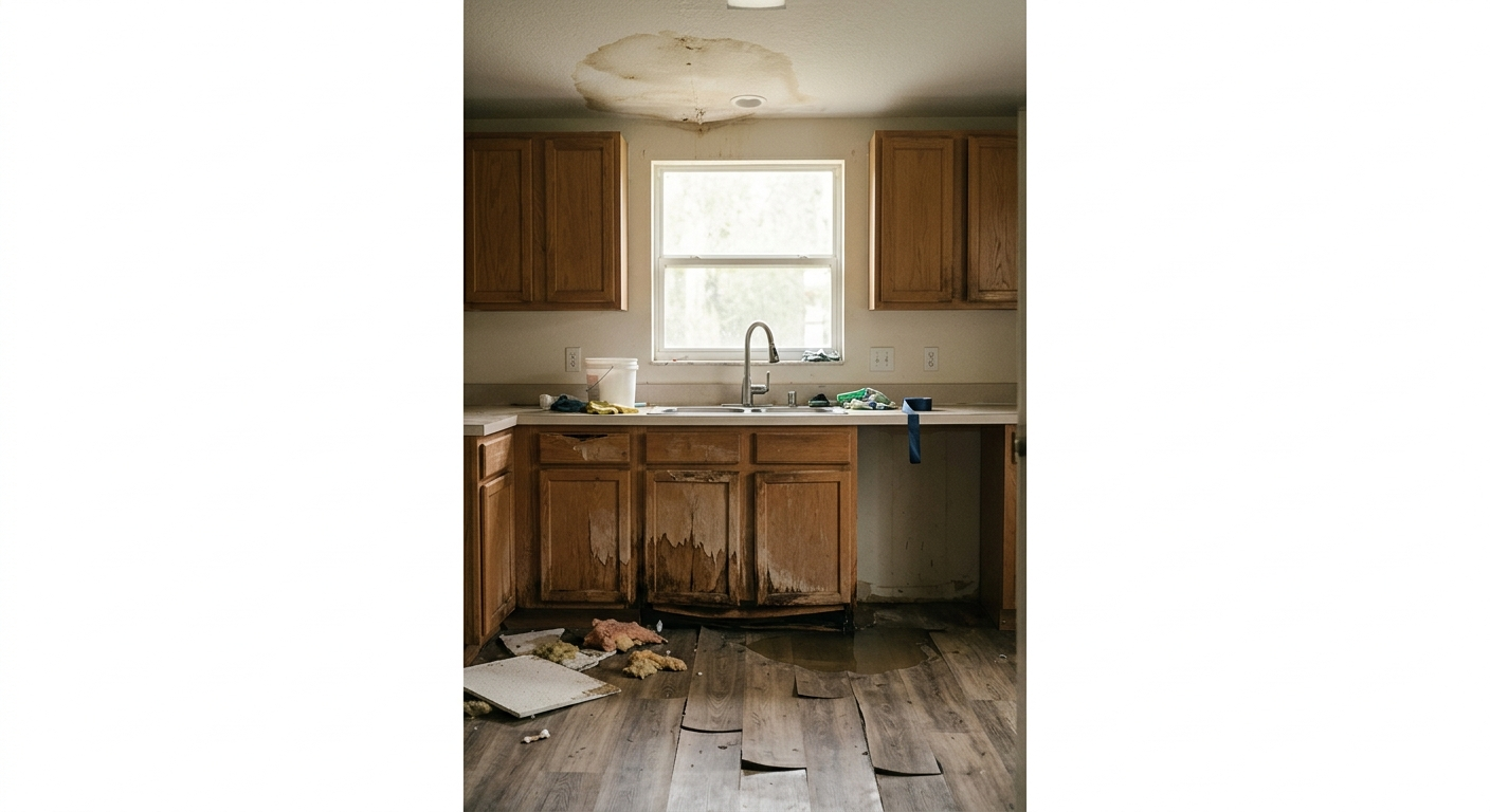 Illustrative before scene: a kitchen with water-stained cabinets, buckled flooring, and a ceiling water stain from storm damage.