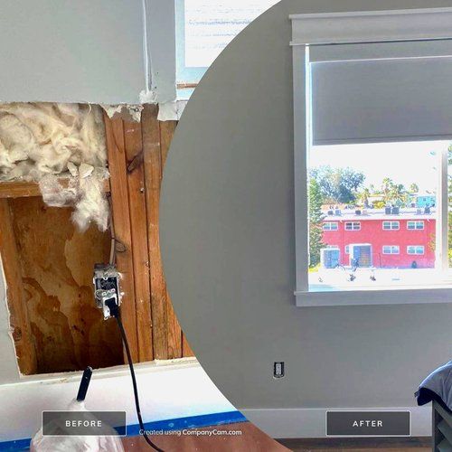 Before and after photo of a window replacement, showing the old exposed window frame beside the finished painted room with water view.