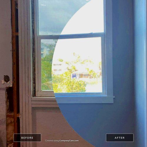 Before and after photo of a second window replacement in the same home, old frame beside the finished painted room.