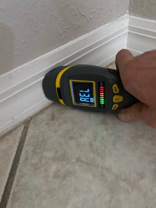 Moisture meter reading taken against a baseboard during an inspection.